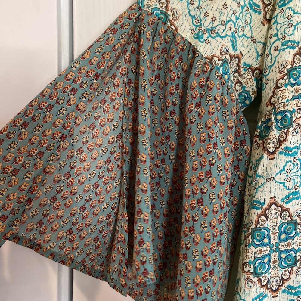 Umgee Aqua Teal Patterned Mini Dress with Olive Bell Sleeves - Picture 6 of 11